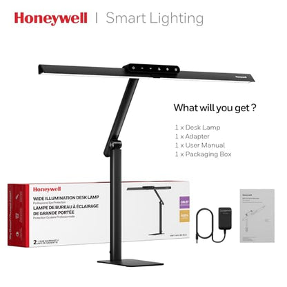 Honeywell HJ1BK Eye-Caring 1200LM LED Architect Desk Lamp for Home Office | CRI≥97, Flicker-Free, 4 Color Temps, Task Desk Light with Base for Computer, Study, Black - style: Black Base