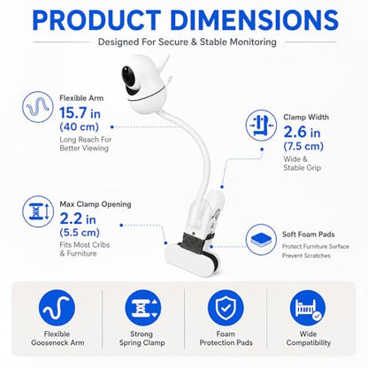 15.7 inches Baby Monitor Mount Compatible with HelloBaby HB6560/HB65/HB6550/ pro/HB66/HB248/HB6240/HB6351/ HB6339/,ANMEATE SM935E Baby Monitor Camera,Flexible Clip Clamp Mount Long Gooseneck Arm
