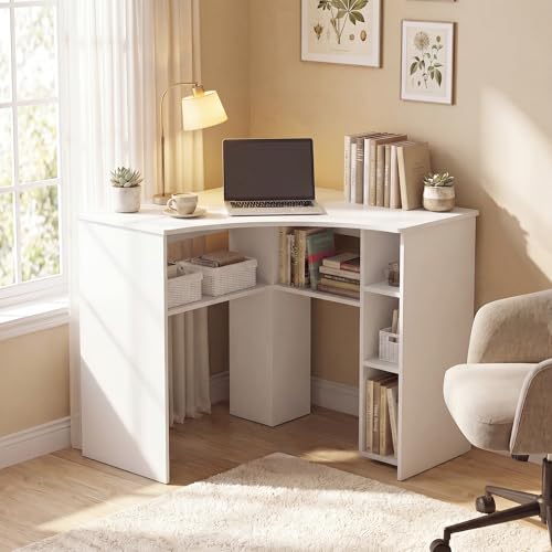 GOFLAME White Corner Desk with Charging Station, Small Corner Desk with Storage Shelves, Triangle Computer Desk, Study Writing Table for Home Office, Small Spaces