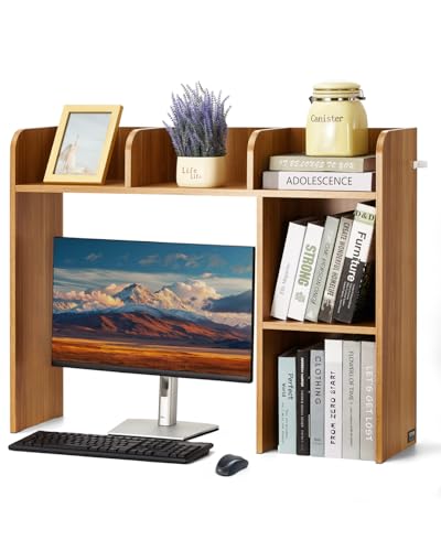 VEVOR Wood Desk Shelf, Desktop Bookshelf, Desk Storage Hutch with 6 Shelves, Office Countertop Organizer 3-Tier Display Rack, with Anti-Slip Feet Pads, for Office, Home & Dorm, Natural - color: Wood, size: 5 Shelves