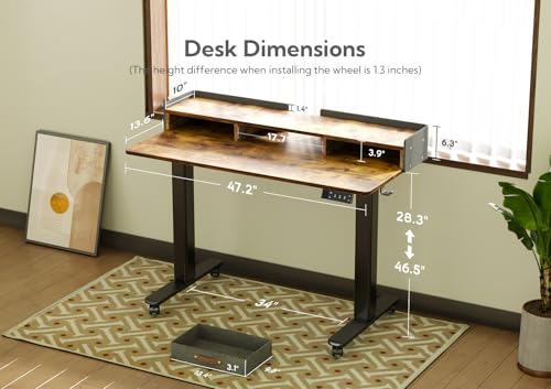 Claiks Standing Desk with Drawers & Wheels, 2 Height Shelf 48" Rustic Brown - color: Rustic Brown, size: 47.2×23.6