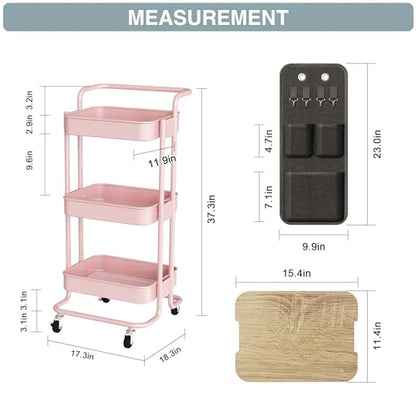 DTK 3-Tier Metal Utility Rolling Cart with Table Top and Side Bags, Art Craft Cart with 4 Hooks for Kitchen, Bathroom, Office, Living Room (Pink) - color: Pink, size: Large