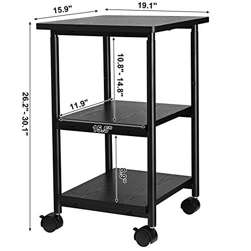 VASAGLE 3-Tier Printer Stand with Locking Wheels, Under Desk Printer Table - color: Ebony Black, size: 3 Tiers/Compact