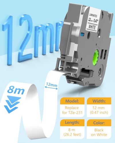 Replacement for Brother P-Touch Label Maker Tape Refill TZe-231 TZe231 | TZe TZ Tape 12mm 0.47 Laminated White, Compatible with Brother PT-D210 PT-D220 PT-H110 PT-D410 PT-D610BT, 12mm x 8m, 6-Pack - color: Black on White, size: 12mm