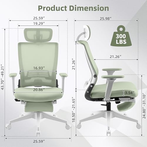 Ergonomic Foldable Office Chair with Footrest and Lumbar Support, Green | Compact desk chair with space-saving folding design, 2D headrest, 2D armrests, computer cahirs for home office - color: Green