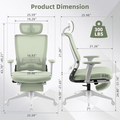 Ergonomic Foldable Office Chair with Footrest and Lumbar Support, Green | Compact desk chair with space-saving folding design, 2D headrest, 2D armrests, computer cahirs for home office - color: Green