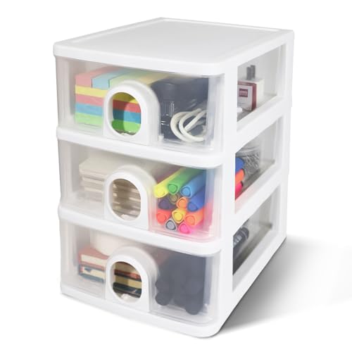 3-Drawer Clear Plastic Desk Organizer Small Stacking Storage Drawer | Organize Office Supplies, Stationery, Makeup, Craft materials, Accessories for Neat Desktop Storage (White) - color: White, size: 3 Drawers