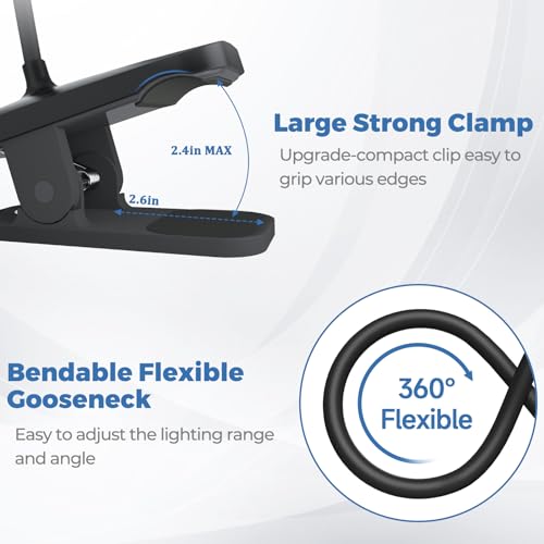 CUHIOY 2Pack Rechargeable Clip on Reading Light for Bed Headboard, Black | 5 Colors 5 Brightness Bed Light, Battery Flexible Neck Desk Lamp with Strong Clamp, Flicker-Free Night Light, Kids Bunk Bed - style: 2Pack Black