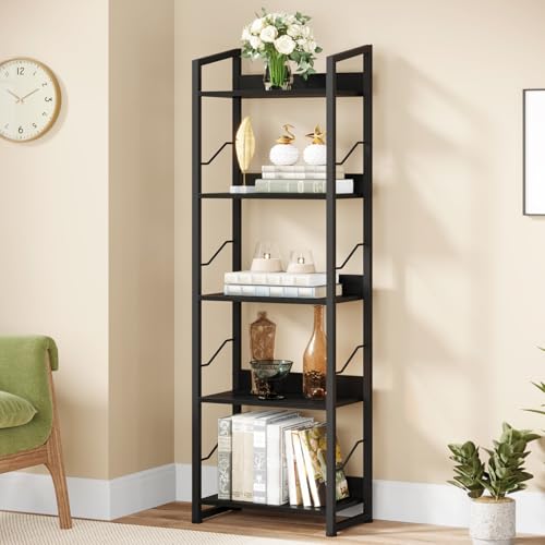 Hosfais 5 Tier Tall Bookshelf: Industrial Wood Book Shelf with Edge Protection Metal Narrow Bookshelf Bookcase Storage Organizer Display Rack for Living Room Home Office (Black) - color: Black