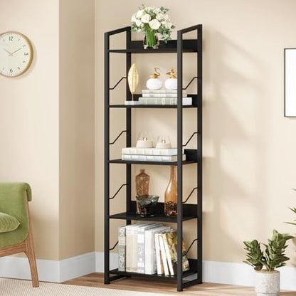 Hosfais 5 Tier Tall Bookshelf: Industrial Wood Book Shelf with Edge Protection Metal Narrow Bookshelf Bookcase Storage Organizer Display Rack for Living Room Home Office (Black) - color: Black