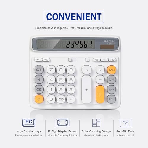 Comix Desk Calculator with 12 Digits Large LCD Display, Solar Battery Dual Power, Large Computer Keys Basic Calculator for Home Office School - color: Gray