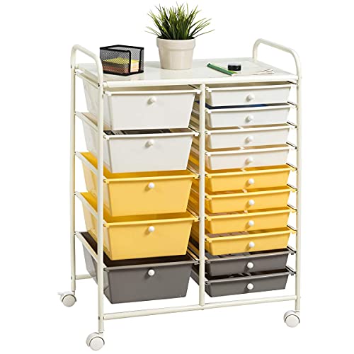 COSTWAY 15 Drawer Rolling Storage Cart, Mobile Utility Cart with Lockable Wheels, Drawers, Multipurpose Organizer Cart for Home, Office, School, Yellow - color: Yellow
