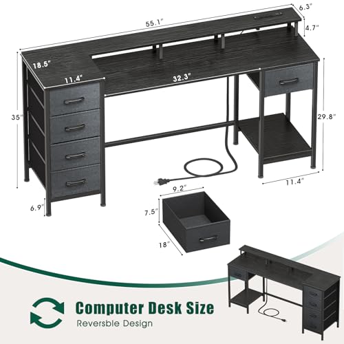 Korfile 55 Inch Gaming Computer Desk with Power Outlets,LED,5 Drawers,Black - color: Black, size: 55 Inch