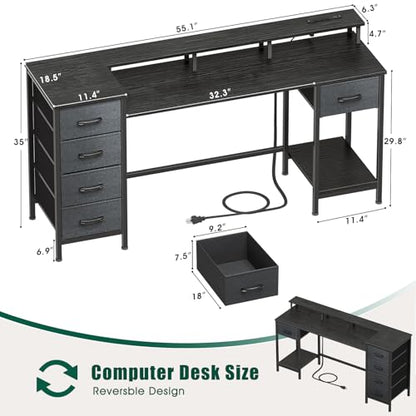Korfile 55 Inch Gaming Computer Desk with Power Outlets,LED,5 Drawers,Black - color: Black, size: 55 Inch