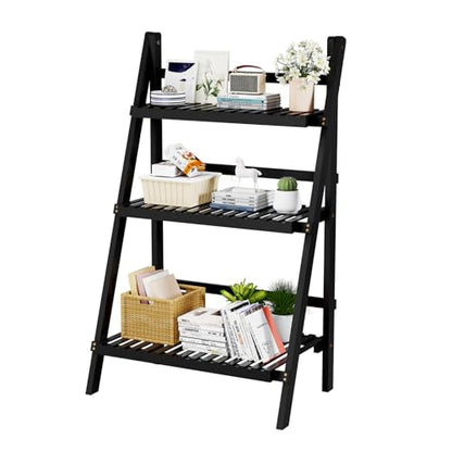 39.4" Foldable Ladder Shelf Plant Shelf, 3 Tier Bamboo Ladder Bookshelf - color: 3-Tier Black