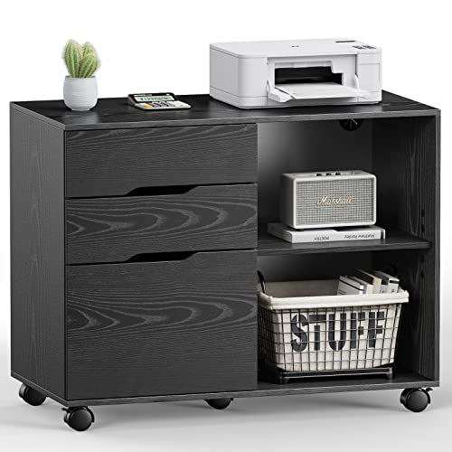 File Cabinet with 3 Drawers, Mobile Lateral Filing Cabinet with Open Storage Shelves for Home Office Under Desk Storage, Black - color: Black