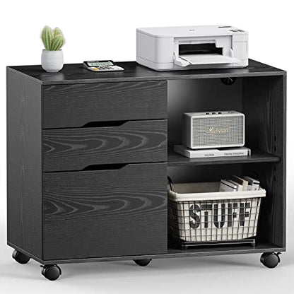 File Cabinet with 3 Drawers, Mobile Lateral Filing Cabinet with Open Storage Shelves for Home Office Under Desk Storage, Black - color: Black