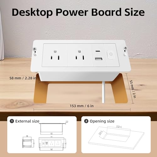 Embedded Power Strip with 2 AC,1 USB A/C Port, Recessed Power Outlet with 10W PD USB A,USB C Port, Flush Mount Desk Outlet with 6ft Cord