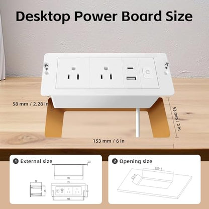 Embedded Power Strip with 2 AC,1 USB A/C Port, Recessed Power Outlet with 10W PD USB A,USB C Port, Flush Mount Desk Outlet with 6ft Cord