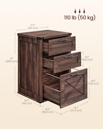 VASAGLE File Cabinet, Filing Cabinet with 3 Drawers, Printer Stand, Fit A4, Letter Size, Hanging File Folders, Modern Farmhouse Style, for Home Office, Maroon Brown UOFC054K02 - color: Maroon Brown, style: 3 Drawers