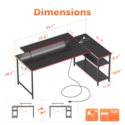 Mericonia 55 in L Shaped Gaming Desk, Large Corner Desk with Monitor Stand - color: Carbon Fiber, size: 55 inch