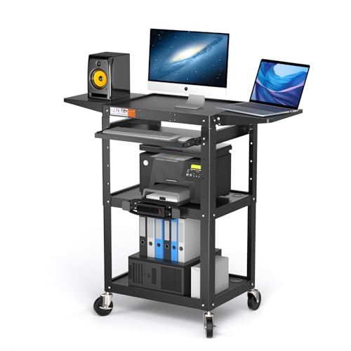POCHAR Large Steel AV Cart with Power Strip & Drop Leaves - Height Adjustable Metal Media Cart with Wheels - Heavy Duty Rolling Computer Workstation for Laptop Projector Printer TV, Black (46" x 18") - style: AV Cart with Drop Leaves (AV-JM)