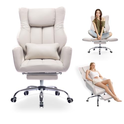Cross Legged Office Chair with Foot Rest, Flip Armrest | Big and Tall, Criss Cross Gaming Chair, 155°Reclining Computer Chair, 360°Swivel Desk Chair for Home Office - color: Beige