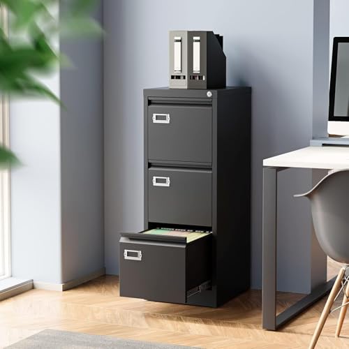 Black 3 Drawer File Cabinet,Metal Filing Cabinets with Lock,Office File Storage Cabinet for A4/Letter/Legal Size File(Assembly Required) - color: Black, size: 40.6"H x 15"W x 17.7"D
