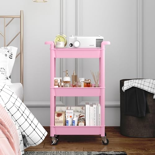 MIOCASA Utility Rolling Cart with Cover Top Board, 3-Tier Kitchen Storage Organization, Art Cart with Wheels for Office, Classroom, Livingroom, Kitchen, Bathroom, Pink, Plastic - size: 3-Tier, style: Pink