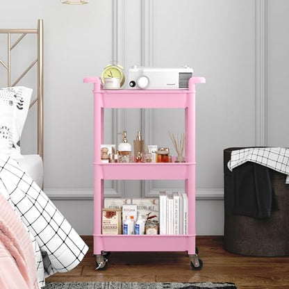 MIOCASA Utility Rolling Cart with Cover Top Board, 3-Tier Kitchen Storage Organization, Art Cart with Wheels for Office, Classroom, Livingroom, Kitchen, Bathroom, Pink, Plastic - size: 3-Tier, style: Pink