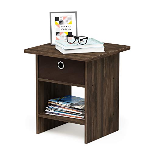 Furinno Dario End Table / Side Table / Night Stand / Bedside Table with Bin Drawer, 1-Pack, Columbia Walnut/Dark Brown | 1x Storage Bin, Round Corner Night Stand with Open Back Shelf, Bedside Table, for Living Room, Bedroom - color: Columbia Walnut/Dark B