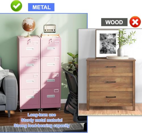 METAN 4-Drawer Pink Metal File Cabinet with Lock and Wheels | 17.7"D x 15"W x 54"H vertical cabinet with 4 full-extension drawers for letter/legal folders; assembly required - color: Pink, size: 4 Drawers-54"H