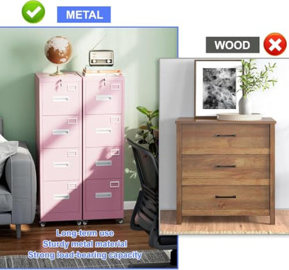 METAN 4-Drawer Pink Metal File Cabinet with Lock and Wheels | 17.7"D x 15"W x 54"H vertical cabinet with 4 full-extension drawers for letter/legal folders; assembly required - color: Pink, size: 4 Drawers-54"H