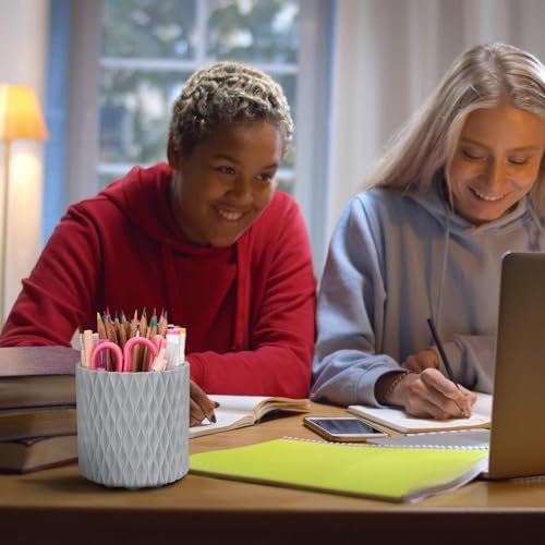 Pencil Holder - 360° Rotation, 5 Slot Desk Supplies For Women Office Aesthetic. Pencil Holder For Office&School, Desk Accessories(Grey) - color: grey