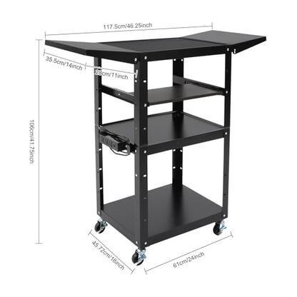 Mobile AV Cart with Power Outlet Adjustable Computer Workstation | Steel Rolling Media Utility Cart with Fold Side Shelves,Pullout Keyboard Tray,Locking Casters for Office Classroom Home - size: 24x18x41.75in