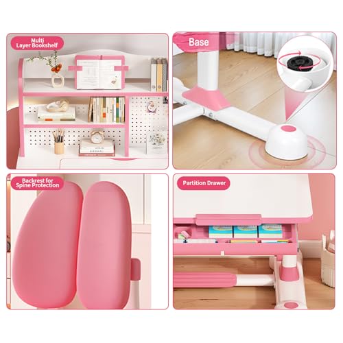 Kid Study Desk and Chair Set 3-12 Height Adjustable Ergonomic Desk | School Art Desk, 50° Tiltable Desktop, Easy-Turn Crank, Storage Drawer & Built-in Bookstand for Children Boys & Girls - color: 013-pink-31.5in