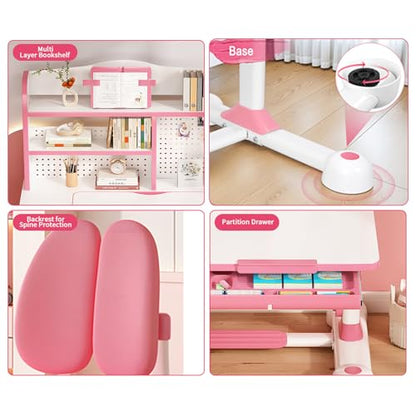 Kid Study Desk and Chair Set 3-12 Height Adjustable Ergonomic Desk | School Art Desk, 50° Tiltable Desktop, Easy-Turn Crank, Storage Drawer & Built-in Bookstand for Children Boys & Girls - color: 013-pink-31.5in