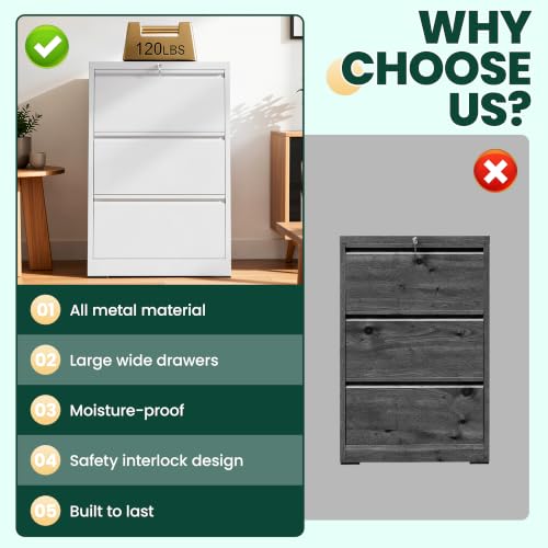 3 Drawer Lateral File Cabinet with Lock, File Cabinet for Home Office,White | Heavy-Duty Steel Locking File Cabinet, Hanging Letter/Legal/A4 Size, Full-Extension Silent Drawer, Un-Assembly - color: White, size: 3 Drawers