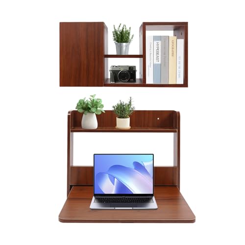 Floating Desk, 36’’H Wall Mounted Desk, Solid Wood Fold Down Laptop Desk with Foldable Tabletop, Folding Table Workstation with Storage Shelves&Door(Walnut)