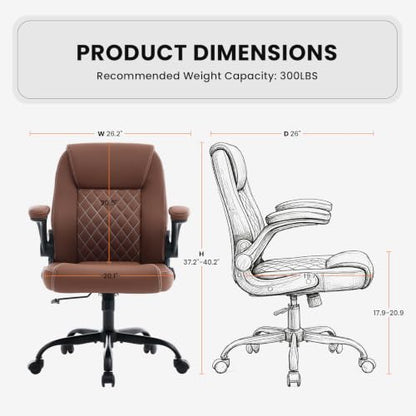 Executive Office Chair with Lumbar Support & Flip-up Arms, Brown | Ergonomic Desk Chair, 90–115° Tilt & Rocking, 20.1" Wide Seat, PU Leather, for Home Offices & Conference Rooms, 300Lbs - color: Brown