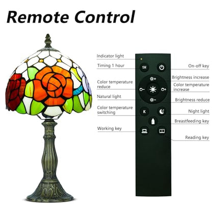 8 Inch Small Tiffany Style Table Lamp with Remote Control, Three Roses - color: Three Roses