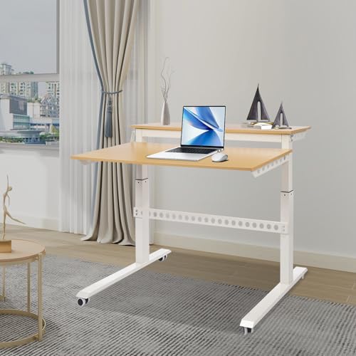Adjustable Standing Desk, 2-Tier Standing Desk Rolling Standing Desk Mobile Desk Workstation Computer Desk with 4 Wheels for Bedrooms, Computer Rooms, Study Rooms, Offices