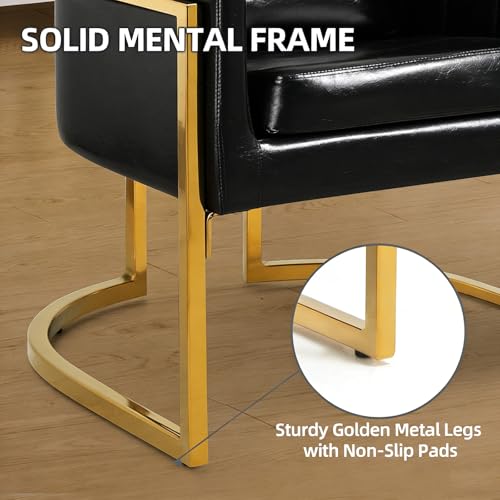 PU Leather Accent Chair, Modern Barrel Arm Chair for Living Room/Bedroom/Guest Reception, Upholstered Club Armchair with Pillow & Gold Base, Black - color: Black-leather, size: 1 PC