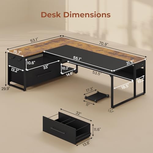 UPOSOJA 71" Executive Desk, L Shaped Office Desk with Widen File Drawers - color: Brown, size: Widen Drawer