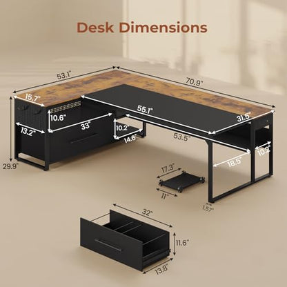 UPOSOJA 71" Executive Desk, L Shaped Office Desk with Widen File Drawers - color: Brown, size: Widen Drawer