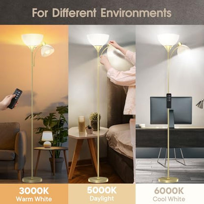 GERGO Torchiere Floor Lamp with Remote Control and Adjustable Reading Light - color: Golden