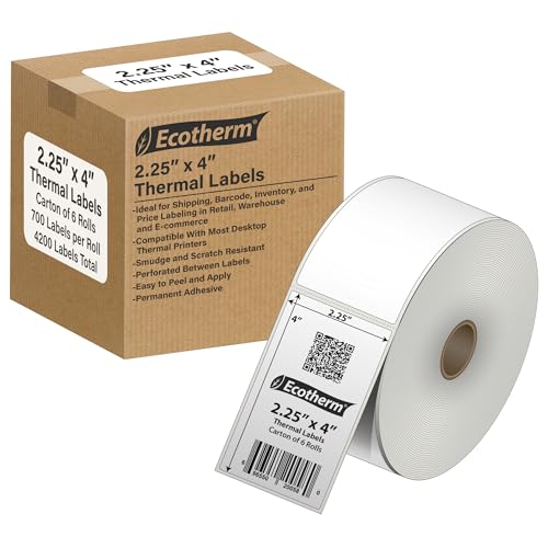 2.25" x 4" Thermal Labels | 6 Rolls | 4200 Labels | fits Zebra, Munbyn, Rollo, Godex, Arkscan, iDPRT, Offnova Thermal Label Printers and More | Blank White Adhesive Stickers by Ecotherm - size: 2.25 x 4 - 4200 Labels