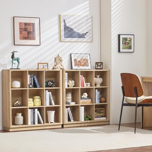 Joaxswe 9 Cube Storage Book Shelf, 41" Tall Organizer Bookshelf with Curved Edge, Modern Floor Standing 3-Tier Cubby Bookcase with Base, Wood Display Book Case for Living Room, Home Office,Natural Oak - color: Natural Oak, size: 9 Cube (11.81"D x 40.5"W x