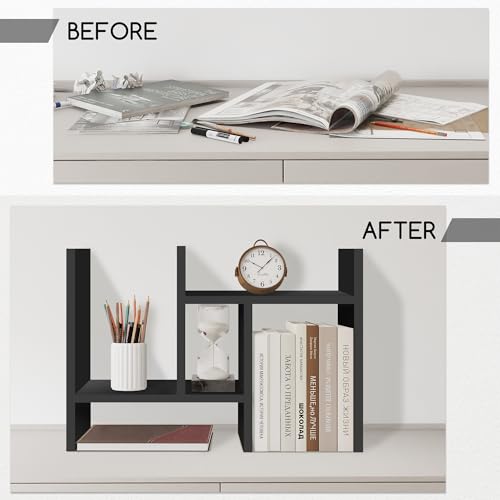 Jerry & Maggie Desktop Organizer Office Storage Rack Adjustable Wood Display Shelf Free Style Double H, Multi-Functional Mini Bookshelf for Desk Natural Stand (Black) - color: Black