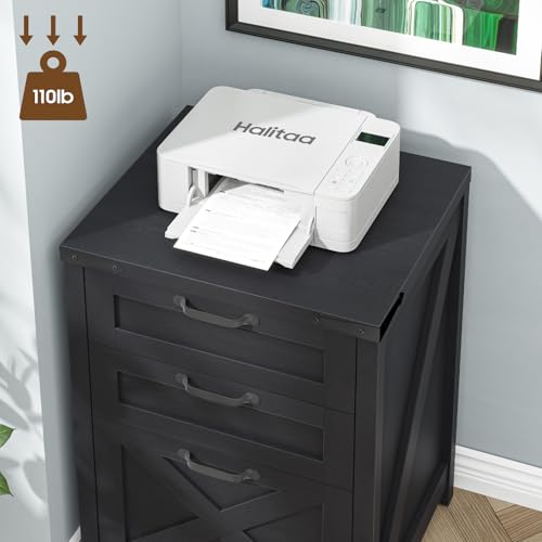 Halitaa Small Farmhouse File Cabinet with 3 Drawers for Home Office, Black | Halitaa Vertical Filing Cabinet Fits Letter and A4 Size, Farmhouse Printer Stand, Under Desk Wooden File Cabinet - color: Black, size: 3 Drawers